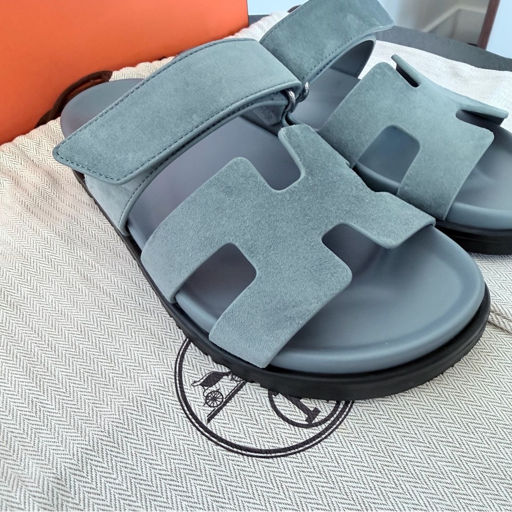 Hermes Chypre Techno Sandals Bleu Tonnerre Velvet Suede Goat Leather Size 35.5 - Picture 3 of 13